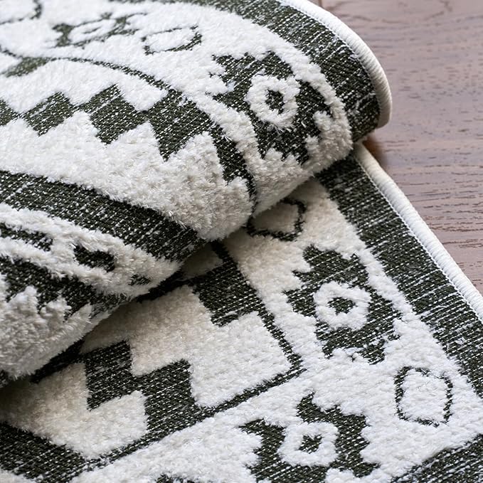 Moroccan Washable Entryway Rug 2x3, Geometric Woven Area Rug, Non-Slip Boho Accent Soft Low-Pile Front Door Mat Indoor Entrance, Small Throw Rug for Bathroom Front Porch, Olive Green/White