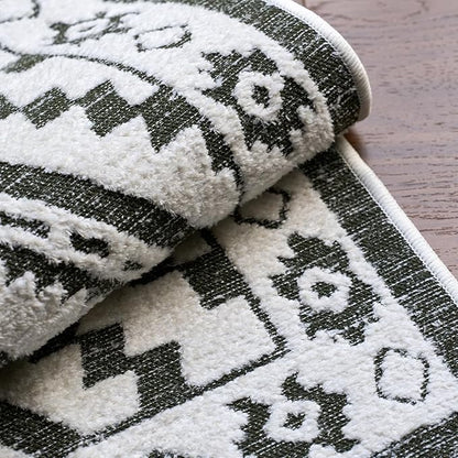 Moroccan Washable Area Rug 4x6, Geometric Decorative Woven Rug Low Pile, Non-Slip Boho Accent Farmhouse Indoor Floor Carpet for Bedroom Laundry Living Room Dining Table, Olive Green/White