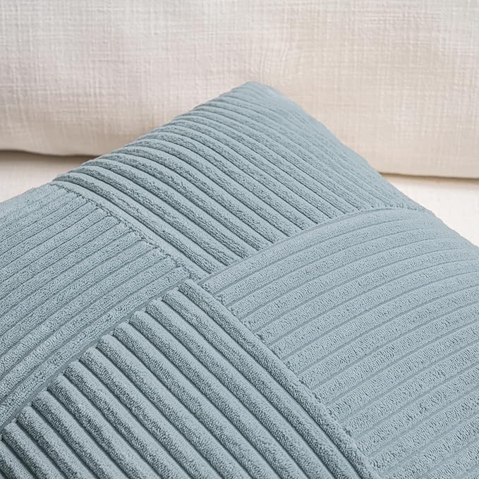 Fancy Homi 2 Packs Light Blue Lumbar Decorative Throw Pillow Covers 16x26 Inch for Living Room Couch Bed, Rustic Farmhouse Boho Home Decor, Soft Striped Corduroy Rectangle Accent Cushion Case 65x40 cm