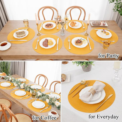 SHACOS 15 inch Round Braided Placemats Set of 6 Non Slip Washable Kitchen Table Place Mats Cotton Polyester Heat Resistant Table Mats for Home Wedding Dinner Party Table Decor, Mustard Yellow