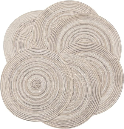 SHACOS Round Braided Placemats 15 inch Set of 6 Washable Kitchen Table Placemats for Home Wedding Party (Rainbow Gray, 6)
