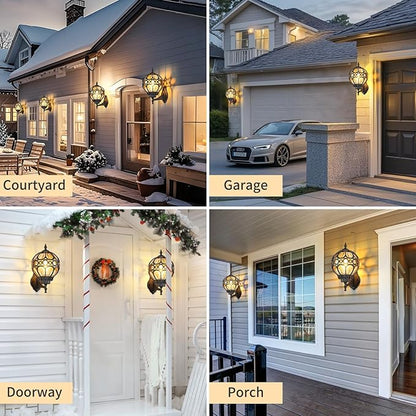 Outdoor Wall Lights, Black Globe Porch Light, Spherical Aluminum Exterior Lighting Fixtures for Patio Yard Doorway Garage, Anti-Rust Waterproof Globe Outside House Lantern Wall Mount with Amber Glass