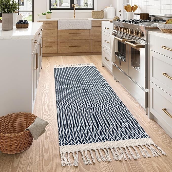 Lahome Boho Kitchen Runner, 2x6 Laundry Room Rug Lightweight Runners for Hallways Washable Runner Rug with Tassels, Farmhouse Cotton Blue Throw Rugs Non Shedding Carpet for Entryway Bathroom