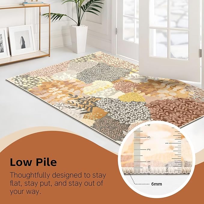 DEXDE 2x3 Area Rug Fall Tropical Small Rugs Entryway Doormat, Indoor Forest Washable Non-Slip Abstract Colorful Leaves Floral Floor Carpet for Living Room, Bedroom, Office, Kids Playroom,Camel