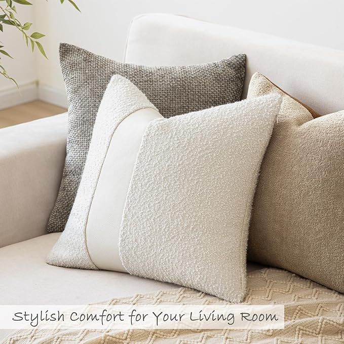 18"x18" White Boucle Throw Pillow Covers with Faux Leather Accents Set of 2 Fluffy Textured Decorative Pillow Cases for Couch Bed Boho Farmhouse Square Cushion Covers for Nordic Home Décor