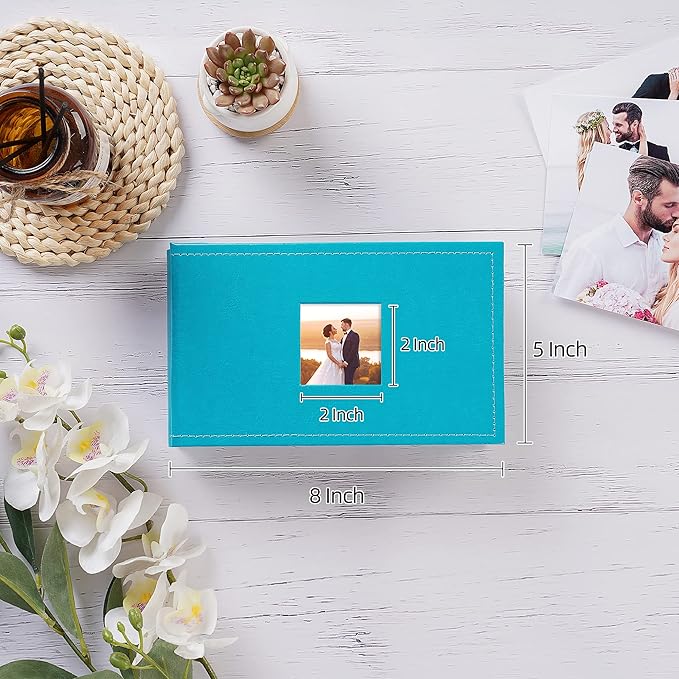 potricher Small Photo Album 4x6 100 Photos Leather Cover Picture Book with 100 Horizontal Pockets for Family Wedding Anniversary and Baby (Blue)