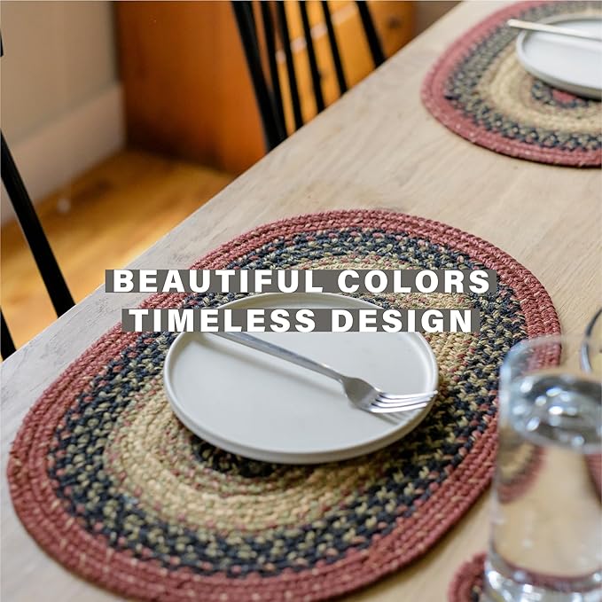 Homespice Highland Jute Braided Oval Placemats, Warm Lodge and Cabin Decor, Set of 6, 13x19 Multicolor Table Mats - Vibrant Colors, Durable, Easy to Clean and Protects Furniture