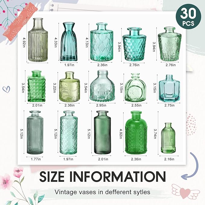 Yaomiao 30 Pcs Vases Bulk Colored Flower Glass Christmas Vases Bud Vintage Colored Glass Bottles Colorful Rustic Embossed for Home Wedding Table Decorations Gifts(Green Series)