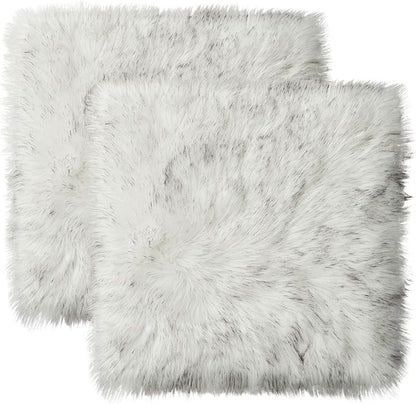 Softlife White Faux Fur Sheepskin Chair Cover 2 PCs Seat Cushion Pad Super Soft Area Rugs for Living Bedroom Sofa Dorm (1.6ft x 1.6ft, White-Grey Tip)