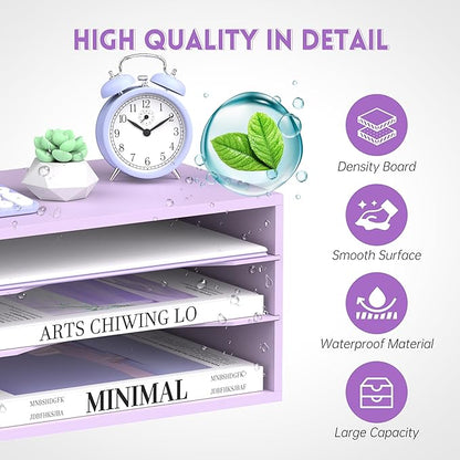 SUPEASY Wood Desk Organizer, 3 Tier Paper File Organizer for Desk, Wooden Desktop Organizer, Paper Letter Literature Mail Sorter, for Office School & Home Organization, Purple