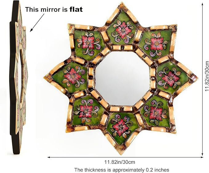 Peruvian starburst mirror Decorative Wall Mirror 11.8 Inch 2D Pattern Mirrors Small Decorative Mirrors for Living Room, Boho & Moroccan Style Mirror Wall Art with Wood Frame, Vintage Home Decor