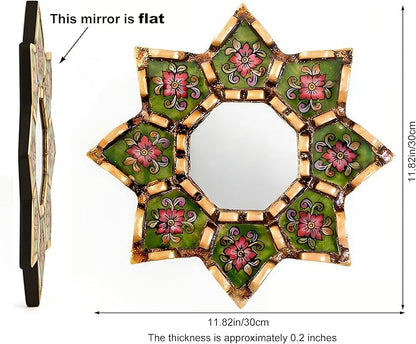 Peruvian starburst mirror Decorative Wall Mirror 11.8 Inch 2D Pattern Mirrors Small Decorative Mirrors for Living Room, Boho & Moroccan Style Mirror Wall Art with Wood Frame, Vintage Home Decor