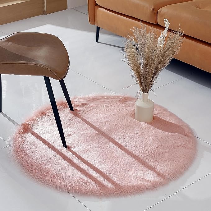 Faux Fur Rug Sheepskin Shag Fluffy Fuzzy Pink 3x3 ft Rugs for Bedroom Bedside Bed Floor Living Room Plush Round High-Density Cushion Carpet Super Sofa Cover
