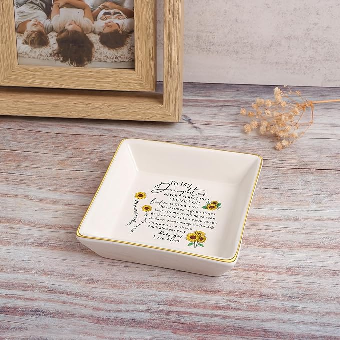 JoycuFF Daughter Gifts from Mom, Birthday Sunflower Jewelry Trinket Dish Tray Unique Gifts for Christmas, Thanksgiving Day