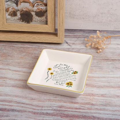 JoycuFF Daughter Gifts from Mom, Birthday Sunflower Jewelry Trinket Dish Tray Unique Gifts for Christmas, Thanksgiving Day