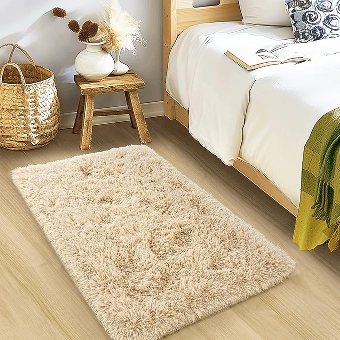 Small Rugs for Bedroom, Fuzzy Throw Rug for Living Room Dorm, Soft Fluffy Bedroom Rug, Non Slip Shag Rugs, Modern Indoor Home Decor Aesthetic, 2x3 Feet, Camel
