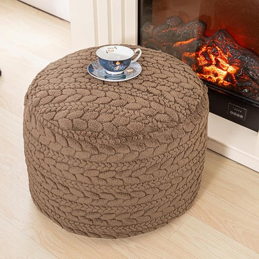 Unstuffed Ottoman Pouf Cover – Round Faux Fur Footstool Plush Floor Pouf (No Filler Included) Perfect for Living Room, Bedroom, or Office Lounge (Coffee, 20x20x15 in)