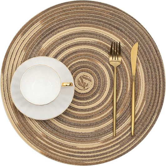 SHACOS Round Placemats Set of 6 Washable 15 inch Variegated Braided Round Place Mats Kitchen Table Mats (Rainbow Brown, 6)