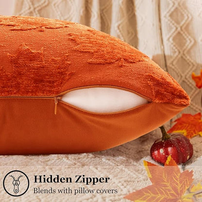 decorUhome Decorative Rust Maple Leaf Thanksgiving Throw Pillow Covers 18x18 Set of 2, Soft Chenille Jacquard Farmhouse Textured Pillow Covers for Couch Bed Sofa Autumn Harvest Halloween Holiday