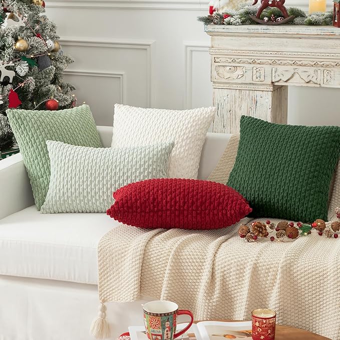 Kevin Textile Set of 2 Decorative Pillow Cover Solid Striped Corduroy Plush Velvet Boho Cushion Cover for Couch 50cm 20 x 20 Inch Cream