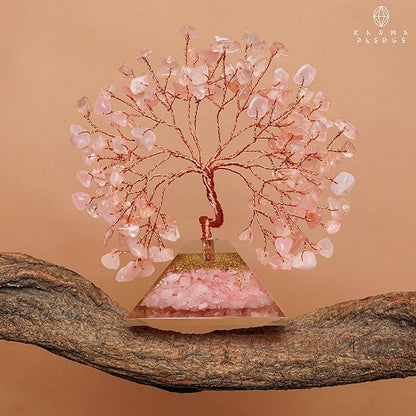 KARMAPLEDGE Rose Quartz Crystal Tree Good Luck Birthday Gifts for Womens, Mom, Home and Office Desk Decor, Pyramid Base Reiki Healing Stones & Chakra Tree of Life for Positive Energy, Money, Sucess