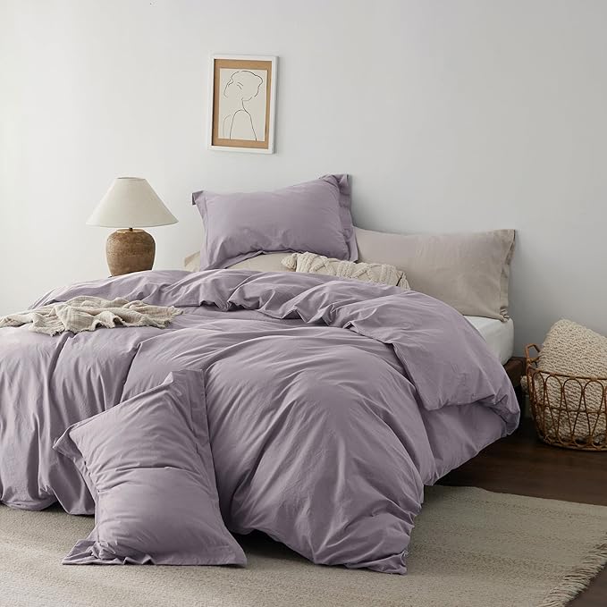 Bedsure 100% Washed Cotton Duvet Cover King Size - Lavender Minimalist Cotton Duvet Cover Linen Like for All Seasons - GentleSoft™ Plain Simple Bedding (Lavender, King, 104"x90")