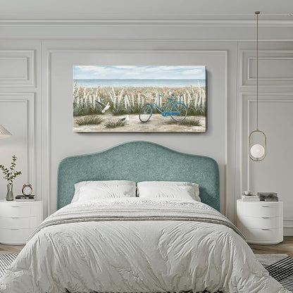 Large Wall Art for Living Room Boho Ocean Beach Canvas Print Coastal Vintage Wildflower Daisy Flowers Landscape Seaside Blue Bicycle Seagull Seascape Artwork for Seashore Farmhouse Bedroom 60x30inch