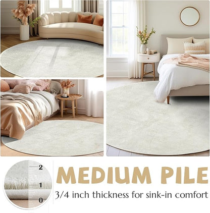 jinchan Solid Plush Round Rug 5ft Performance Shaggy Circle Rug 5' Round Washable Indoor Soft Modern Faux Wool Non Slip Carpet for Living Room Kids Room Bedroom Dining Room Ivory
