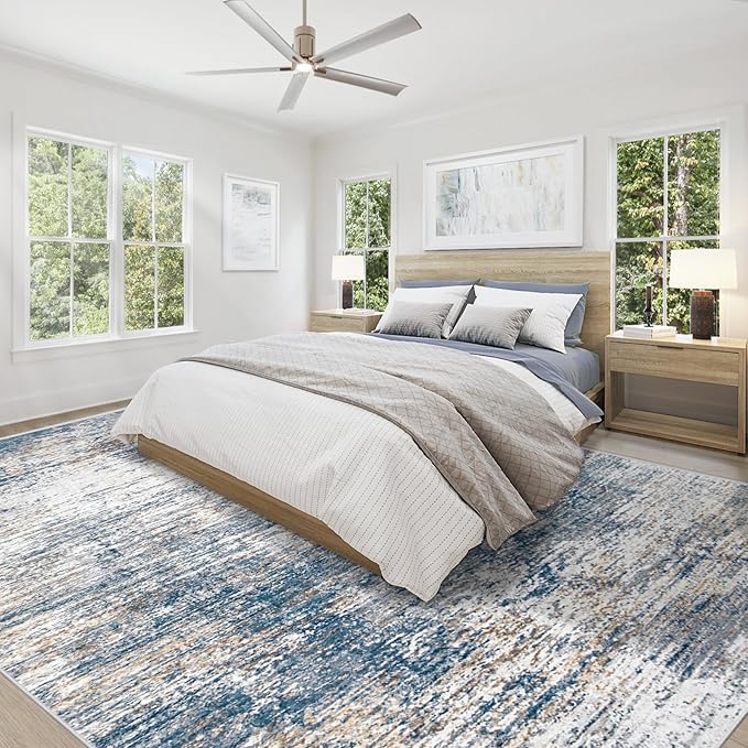 9x12 Area Rug for Living Room, Washable Modern Abstract Large Area Rug Neutral Soft Non Slip Kids Rug Stain Resistant Indoor Carpet for Bedroom Nursery Dining Room Playroom Office(BlueWhite, 9'x12')