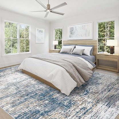 9x12 Area Rug for Living Room, Washable Modern Abstract Large Area Rug Neutral Soft Non Slip Kids Rug Stain Resistant Indoor Carpet for Bedroom Nursery Dining Room Playroom Office(BlueWhite, 9'x12')