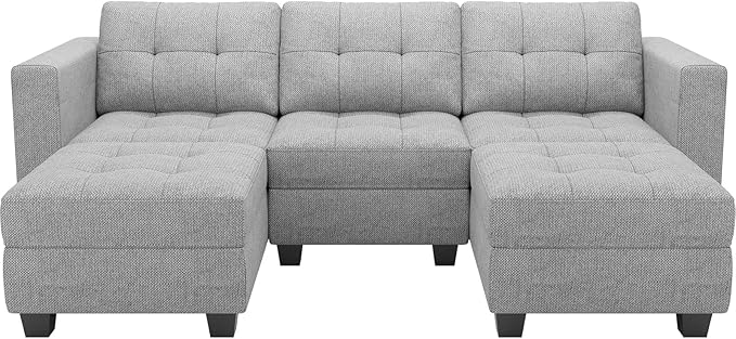 Belffin U-Shaped Sectional Sofa, Light Grey, 58.3"W x 90.2"L x 33.5"H, Reversible Chaise Lounge, Sturdy Solid Wood Frame, Plush Woven Fabric, Hidden Storage, Foldable Backrest, Easy Assembly