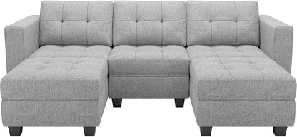 Belffin U-Shaped Sectional Sofa, Light Grey, 58.3"W x 90.2"L x 33.5"H, Reversible Chaise Lounge, Sturdy Solid Wood Frame, Plush Woven Fabric, Hidden Storage, Foldable Backrest, Easy Assembly