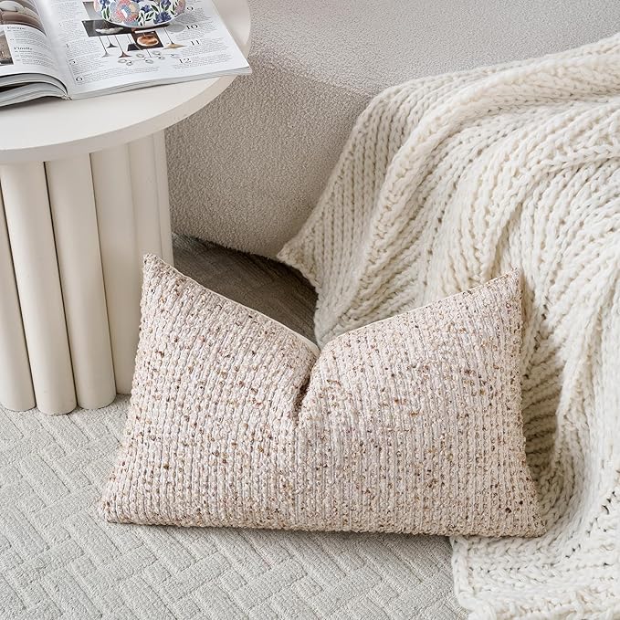 12x20 Beige Lumbar Pillow Cover Textured Boucle Striped Chic Morden Boho Accent Farmhouse Rectangular Decorative Couch Pillow Case for Home Decor Bed Sofa Living Room