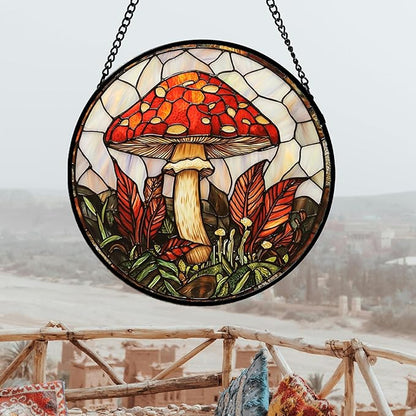 DASTOLL Stained Glass Window Hanging, Big Red Mushroom Suncatcher for Doors Home Sun Catchers Decoration and Christmas, Mother's Day Birthday Gifts for Women, Men, and Mom 14.9x14.9 in