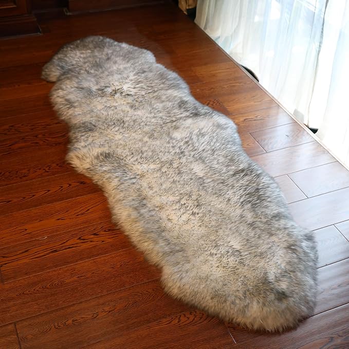 Genuine Sheepskin Rug New Zealand Fluffy Lambskin Rug, Natural Luxury Sheepskin Throw for Bedroom Living Room Children's Room - Premium Area Rug Chair Cover (2×6 Feet, Grey Tip)