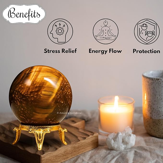 Amazing Gemstone Tiger Eye Crystal Ball with Stand - 1.5 Inches Crystal Sphere Meditation Balls for Witchcraft and Decorative Balls
