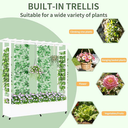 Raised Garden Bed with Trellis & Hanging Roof, Weatherproof Metal Planter Box with Wheels, Garden Arch Trellis for Outdoor Climbing Plants Vines Flowers, 74" H x 77" L x 17" W, White
