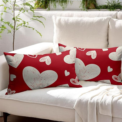 Valentines Day Pillow Covers 12x20 Set of 2 Red Love Print Decorative Outdoor Heart Throw Pillow Cases Rustic Holiday Decoration Farmhouse Sofa Couch Cushion Cover Bed Decor