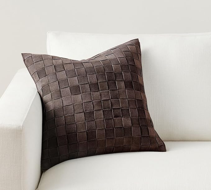 Genuine Lamb Leather Cushion Pillow Cover - Luxury Leather Pillow Case - Modern, Boho, Farmhouse Home Decor - Bedroom Couch, Living Room, Sofa Bed (Basketweave - Dark Brown, 22" x 22")