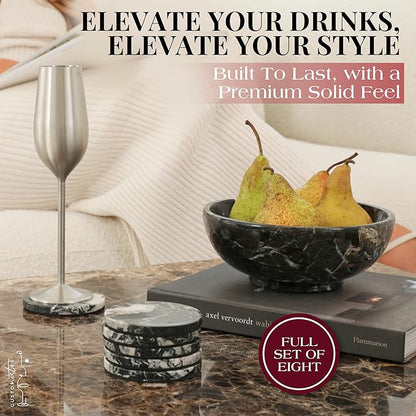 Gusto Nostro Black Marble Coasters Set of 8 - Modern Natural Stone Coasters for Drinks - Solid Marble Kitchen Accessories, Round Artisanal Stone Coaster for Kitchen Counter, Coffee Table, Countertop