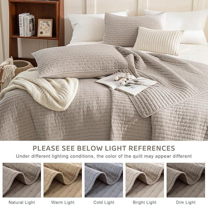 Sanracie Cotton Quilt Set King Size(110"x98"), Linen Colored Ultra Soft Stonewashed Crinkle Quilt Bedspread Set 3Pcs Cross Stitch Pattern Lightweight Breathable Bed Coverlet Set for All Season