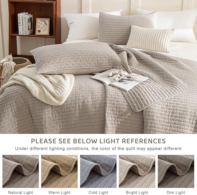 Sanracie Stonewashed Cotton Coverlet Oversized King(118"x106"), Linen Colored Ultra Soft Crinkle California King Quilt Bedding Set Lightweight Cross Stitch Bedspread Set 3Pcs for All Season