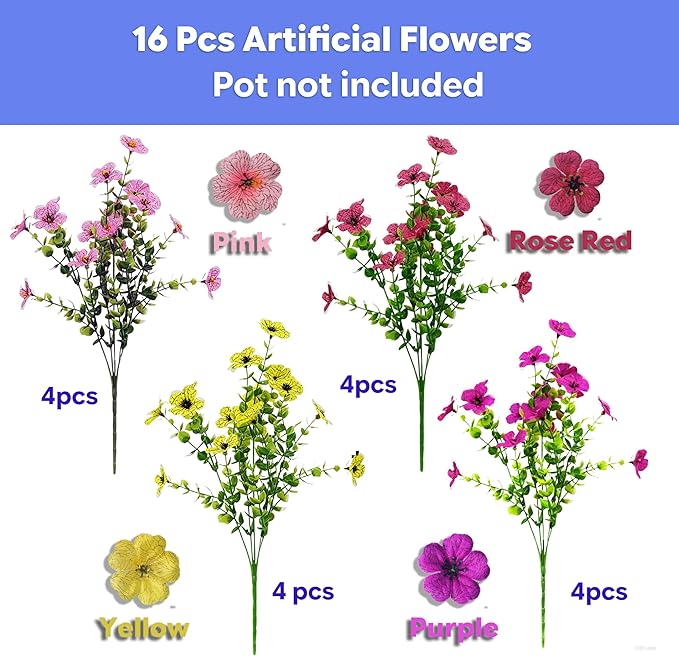 16 Bundles Artificial Flowers–UV Resistant Faux Mums for Garden, Patio, Porch & Home Décor, Realistic Fake Flowers for Weddings & Outdoor Planters (Pink, Yellow, Rose Red, Purple Mix)