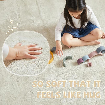 jinchan Solid Plush Round Rug 5ft Performance Shaggy Circle Rug 5' Round Washable Indoor Soft Modern Faux Wool Non Slip Carpet for Living Room Kids Room Bedroom Dining Room Ivory