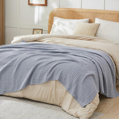 EMME Cotton Muslin King Blanket Bed Layering Breathable Gauze Blanket Soft Lightweight Blankets Adults (Dusty Blue, 108"x90")