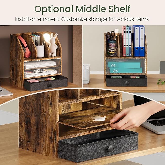 Wooden Desk Organizer with Removable Shelf and Fabric Drawer, Multi-Compartment Desktop File Holder for Home Office Storage, Desktop Mail Organizer, Rustic Brown MWJ05FG