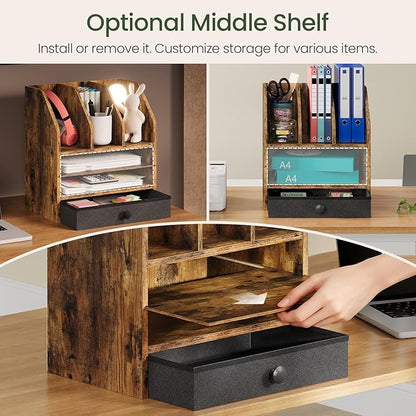 Wooden Desk Organizer with Removable Shelf and Fabric Drawer, Multi-Compartment Desktop File Holder for Home Office Storage, Desktop Mail Organizer, Rustic Brown MWJ05FG