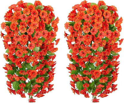HyeFlora Artificial Fake Hanging Flowers Plants for Outdoor Outside, 2PCS Faux Silk Orange Morning Glory Trailing Vines UV Resistant Look Real for Home Planter Porch Patio