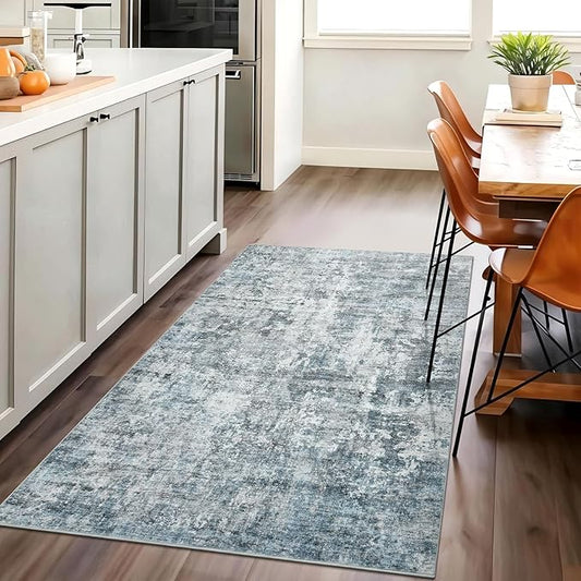 3x5 Rug, Small Area for Kitchen, Entryway, Machine Washable Non-Slip Throw Rug, Vintage Carpet for Nursery Coffee Table Blue