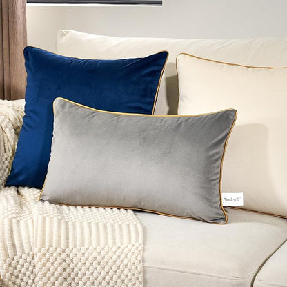 Aeckself Pack of 2 Luxury Velvet Gray Lumbar Pillow Covers 12 x 20 Inch, Modern Decorative Pillowcase with Gold Trim Edge, Comfortable Soft Solid Cushion Case for Couch Bedroom Living Room